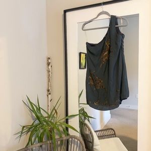 hand embellished mini dress in slate blue | one shoulder | size M